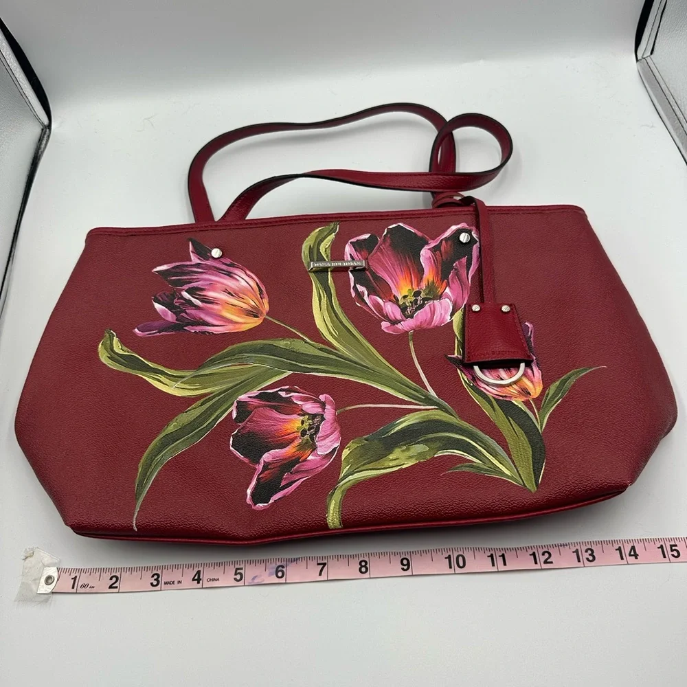 Dana Buchman Burgundy Floral Tote Purse Handbag Key Ring Pockets Feminine NWOT - Picture 10 of 12